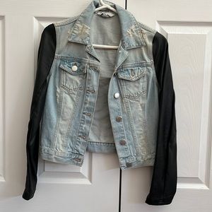 Denim jacket with artificial leather sleeves